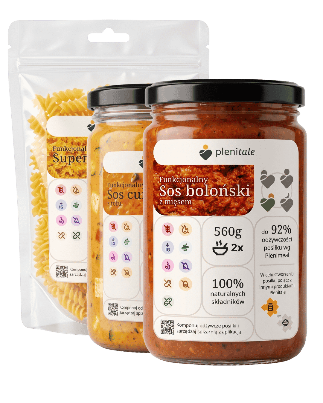 Komponenty posiłku Plenitale, w tym sos boloński, sos curry i makaron fussili.